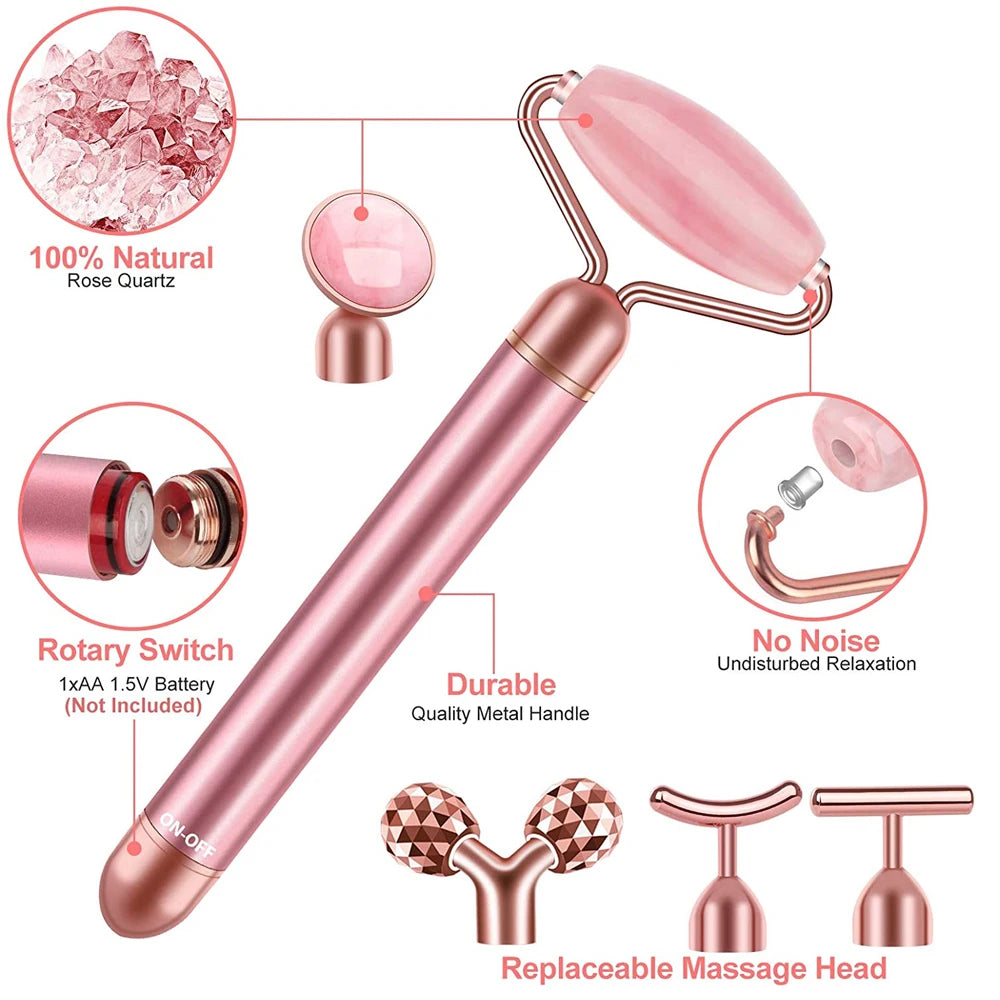 5-In-1 24K Gold Beauty Wand Face Massager Electric Vibrating Rose Quartz 3D Roller Face Lifting Body Facial Gua Sha Jade Roller