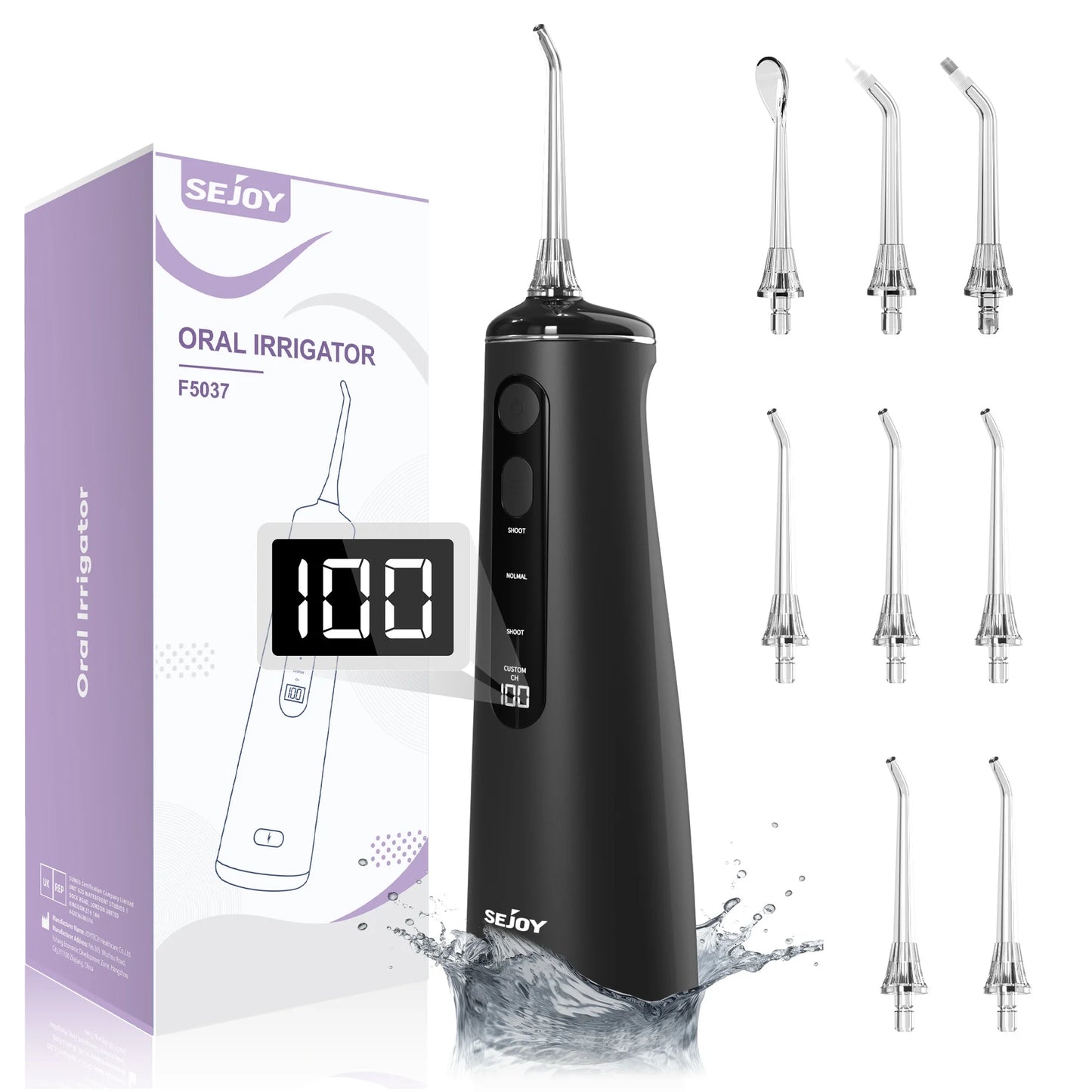 Cordless Water Flosser for Teeth,Professional Dental Oral Irrigator 4 Modes with 300Ml Water Tank,8 Jet Tips,Led Display,Ipx7 Teeth Cleaner Portable for Travel Home Office,Black