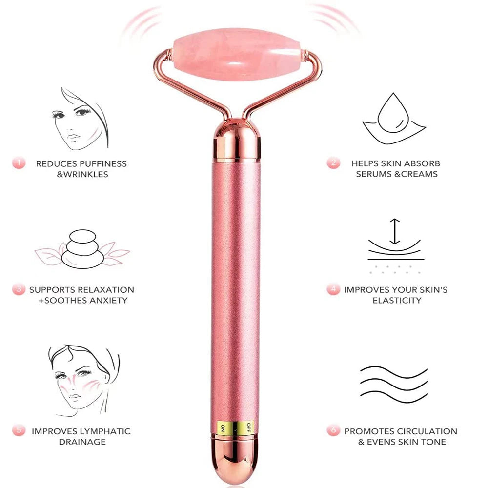 5-In-1 24K Gold Beauty Wand Face Massager Electric Vibrating Rose Quartz 3D Roller Face Lifting Body Facial Gua Sha Jade Roller