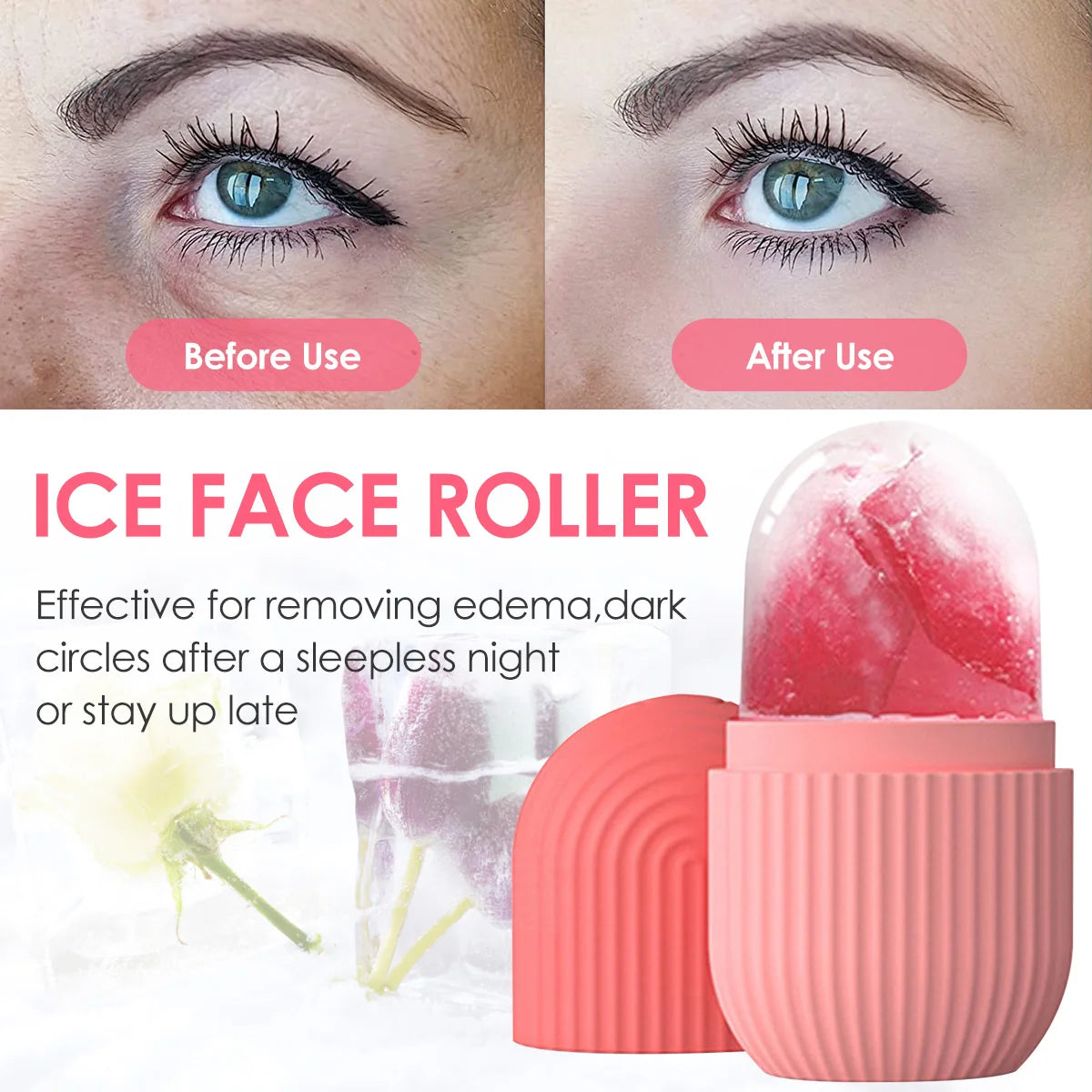 Ice Roller for Face and Eye Reusable Ice Face Roller Ice Cube Mold Puffiness Relief Tighten Skin Silicone Ice Cube Massager