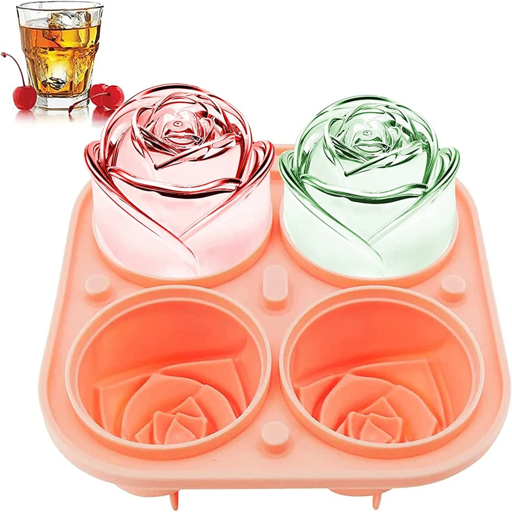 3D Large Ice Cube Trays 2.5 Inch Rose Ice Molds 4 Giant Cute Flower Shape Ice Silicone Mould for Cocktails Juice Whiskey Freezer