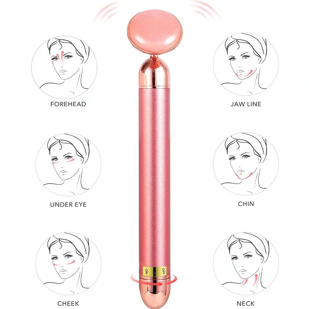 5-In-1 24K Gold Beauty Wand Face Massager Electric Vibrating Rose Quartz 3D Roller Face Lifting Body Facial Gua Sha Jade Roller